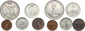 San Marino.  Seconda monetazione (1931-1938).. Serie 1935: 20 lire (BB), 10 lire, 5 lire, 10 centesimi e 5 centesimi