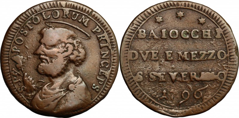 San Severino. Pio VI (1775-1799). Sampietrino da 2 e 1/2 baiocchi 1796. CNI 3. M...