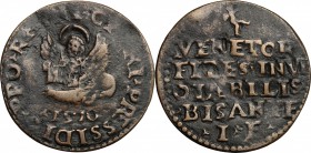 Venezia.  Repubblica (1420-1638), monetazione per la terraferma. Bisante ossidionale 1570, sigle IF