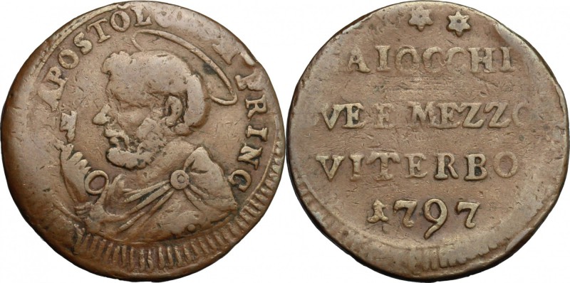 Viterbo. Pio VI (1775-1799). Sampietrino da 2 e 1/2 baiocchi 1797 (ridotto). CNI...