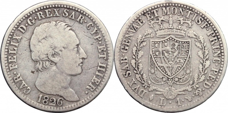 Regno di Sardegna. Carlo Felice (1821-1831). Lira 1826 Torino. Pag. 100. Mont. 9...