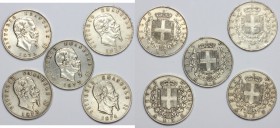 Vittorio Emanuele II  (1861-1878). Lotto di 5 monete da 5 lire (1872 M, 1873 M, 1874 M, 1876 R, 1877 R)