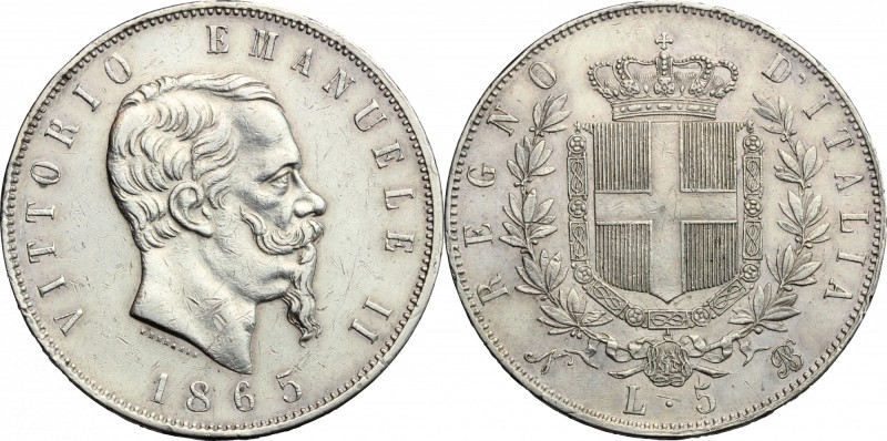 Regno di Italia. Vittorio Emanuele II (1861-1878). 5 lire 1865 Napoli. Pag. 486....