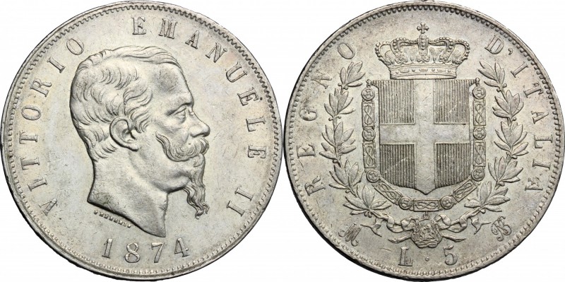 Regno di Italia. Vittorio Emanuele II (1861-1878). 5 lire 1874 Milano. Pag. 498 ...