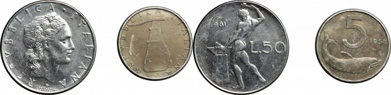 Lotto di due monete: 5 lire 1954 e 50 lire 1981. Cfr. Mont. 06 e 58. IT e NI. Er...