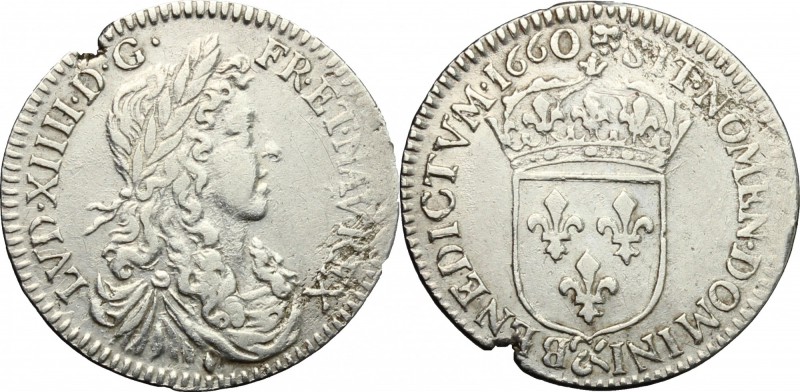 France. Louis XIV (1643-1715). 5 sols o 1/12 d'ecu, 1660 (Aix). Camm. F11. AR. g...