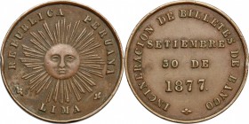 Peru'. Commemorative medal 30 September 1877 for the \ Incineracion de billetes de banco\", Lima mint"