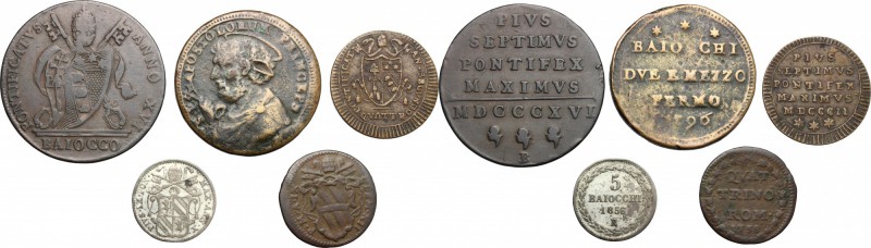 Lotto di 5 monete papali, Roma: quattrino 1738, 5 baiocchi 1856, quattrino 1802,...