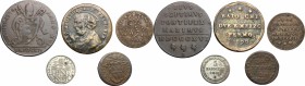 Lotto di 5 monete papali, Roma: quattrino 1738, 5 baiocchi 1856, quattrino 1802, 2 e mezzo baiocchi 1796 (Fermo), Baiocco 1816