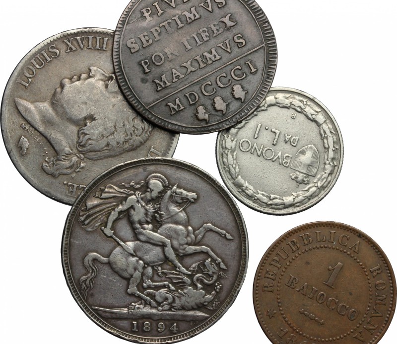 Lotto di 5 monete comprendente baiocco 1801, 5 franchi 1823 D, baiocco 1849, cor...