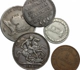 Lotto di 5 monete comprendente baiocco 1801, 5 franchi 1823 D, baiocco 1849, corona 1894 e buono da 1 lira 1922