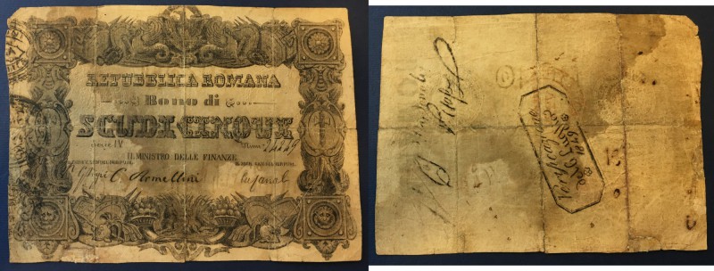 Seconda Repubblica Romana (1849). Bono di 5 scudi 1849. Gavello 179. RRRR. MB.
