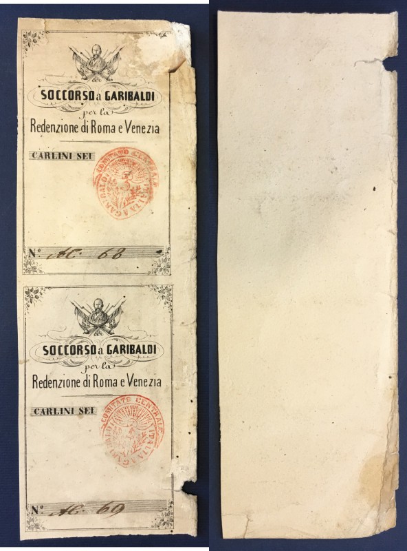 Soccorso a Garibaldi per la redenzione di Roma e Venezia. Insieme di due bigliet...