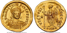 Anastasius I (AD 491-518). AV solidus (19mm, 4.01 gm, 5h). NGC MS 5/5 - 2/5, graffito, clipped. Constantinople, 5th officina, AD 498-518. D N ANASTA-S...