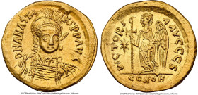 Anastasius I (AD 491-518). AV solidus (20mm, 4.47 gm, 5h). NGC AU 5/5 - 4/5, brushed. Constantinople, 6th officina. D N ANASTA-SIVS PP AVG, pearl-diad...