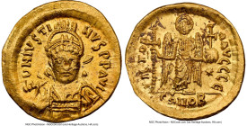 Justin I (AD 518-527). AV solidus (21mm, 4.41 gm, 7h). NGC AU 5/5 - 3/5, adjusted flan, clipped. Constantinople, 5th officina. D N IVSTI-NVS PP AVG, h...
