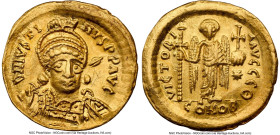 Justin I (AD 518-527). AV solidus (20mm, 4.25 gm, 5h). NGC AU 5/5 - 2/5, wavy flan, clipped, graffiti. Constantinople, 9th officina. D N IVSTI-NVS PP ...