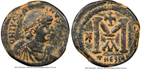 Justin I (AD 518-527). AE follis or 40 nummi (29mm, 5h). NGC Choice VF, repatinated. Thessalonica. D (retrograde) N IVSTI-NVS PP AVG, diademed, draped...