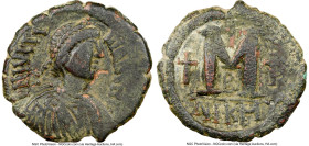 Justin I (AD 518-527). AE follis or 40 nummi (30mm, 7h). NGC Choice Fine. Nicomedia, 2nd officina. D N IVSTI-NVS P P AVG, pearl-diademed, draped and c...
