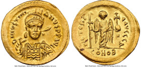 Justinian I the Great (AD 527-565). AV solidus (22mm, 4.35 gm, 6h). NGC AU 4/5 - 3/5, clipped. Constantinople, 4th officina, AD 527-538. D N IVSTINI-A...