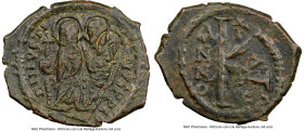Justin II (AD 565-578), with Sophia. AE half follis or 20 nummi (23mm, 5h). NGC Choice VF, die shift, smoothing. Thessalonica. D N IVSTI-NVS PP AV, Ju...
