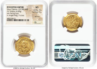 Maurice Tiberius (AD 582-602). AV solidus (23mm, 4.49 gm, 7h). NGC MS 4/5 - 5/5, die shift. Constantinople, 3rd officina. o N mAVRC-TIb PP AVG, draped...