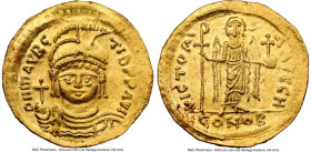 Maurice Tiberius (AD 582-602). AV solidus (22mm, 4.42 gm, 7h). NGC MS 4/5 - 2/5, edge bends, clipped. Constantinople, 8th officina. o N mAVRC-TIb PP A...