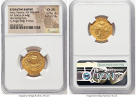Maurice Tiberius (AD 582-602). AV solidus (22mm, 4.44 gm, 7h). NGC Choice AU 4/5 - 4/5. Constantinople, 8th officina, AD 583-601. o N mAVRC-TIb PP AV,...