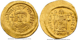 Maurice Tiberius (AD 582-602). AV solidus (21mm, 4.37 gm, 7h). NGC Choice XF 5/5 - 2/5, edge bend, scratch, clipped. Constantinople, 9th officina, AD ...
