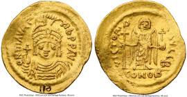 Maurice Tiberius (AD 582-602). AV solidus (22mm, 4.43 gm, 5h). NGC XF 5/5 - 2/5, wavy flan, graffito. Constantinople, 2nd officina. o N mAVRC-TIb PP A...