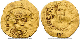 Maurice Tiberius (AD 582-602). AV tremissis (26mm, 1.44 gm, 7h). NGC Choice VF 4/5 - 2/5, wavy flan, flan flaw, graffito. Constantinople. D N TIbЄ-RI ...