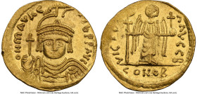 Maurice Tiberius (AD 582-602). AV solidus (22mm, 4.42 gm, 7h). NGC MS 4/5 - 4/5, edge mark. Antioch, 2nd officina. o N mAVRC-TIb PP AVI, pearl-diademe...