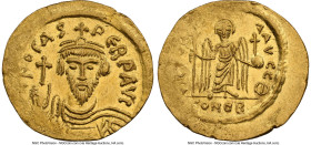 Phocas (AD 602-610). AV solidus (21mm, 4.42 gm, 6h). NGC Choice AU 4/5 - 4/5. Constantinople, 8th officina, AD 607-610. d N FOCAS-PЄRP AVG, draped, cu...