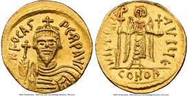 Phocas (AD 602-610). AV solidus (20mm, 4.45 gm, 7h). NGC Choice AU 4/5 - 3/5, brushed, clipped. Constantinople, 5th officina, AD 607-610. D N FOCAS-PЄ...