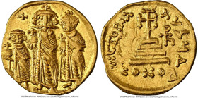Heraclius with Heraclius Constantine, and Heraclonas (AD 632-641). AV solidus (19mm, 4.48 gm, 6h). NGC AU 4/5 - 2/5, graffito. Constantinople, 4th off...