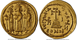 Heraclius with Heraclius Constantine, and Heraclonas (AD 632-641). AV solidus (20mm, 4.43 gm, 7h). NGC XF 5/5 - 4/5. Constantinople, 7th officina, ca....