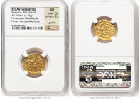 Heraclius with Heraclius Constantine, and Heraclonas (AD 632-641). AV solidus (19mm, 4.45 gm, 7h). NGC AU 5/5 - 2/5, graffito. Constantinople, 3rd off...