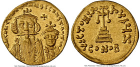 Constans II Pogonatus with Constantine IV (AD 654-668). AV solidus (19mm, 4.40 gm, 6h). NGC Choice XF 5/5 - 3/5. Constantinople, 7th officina, ca. 654...
