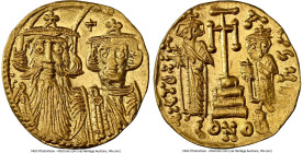Constans II Pogonatus with Constantine IV (AD 654-668). AV solidus (18mm, 4.35 gm, 6h). NGC MS 4/5 - 4/5, clipped. Constantinople, 8th officina, AD 66...