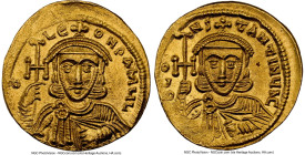 Constantine V Copronymus (AD 740/1-775), with Leo III. AV solidus (21mm, 4.47 gm, 5h). NGC MS 4/5 - 4/5. Constantinople. CN CO-N-StANtINЧS•, draped bu...