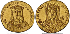 Constantine VI and Irene (AD 780-797). AV solidus (18mm, 4.43 gm, 7h). NGC Choice AU 4/5 - 3/5, edge filing. Constantinople, AD 792-797. IRIhH-AΓOVStI...