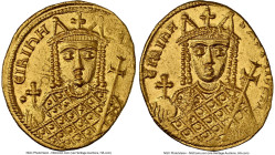 Irene, Sole Reign (AD 797-802). AV solidus (20mm, 4.42 gm, 6h). NGC MS 3/5 - 4/5. Constantinople. ЄIRIhH-bASILISSH, bust of Irene facing, wearing loro...