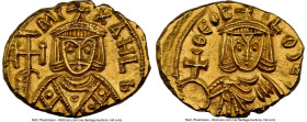 Michael II the Amorian with Theophilus (AD 821-829). AV solidus (17mm, 3.87 gm, 5h). NGC Choice AU 5/5 - 5/5. Syracuse. MI-XAHL, bust of Michael II fa...