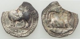 LUCANIA. Sybaris. Ca. 530-510 BC. AR drachm (21mm, 2.33 gm, 12h). VF, chipped. Bull standing left, head right, on dotted ground line, dotted double ci...