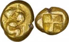 MYSIA. Cyzicus. Ca. 550-500 BC. EL 1/12 stater or hemihecte (9mm, 1.36 gm). NGC Choice Fine 4/5 - 4/5. Triton left, holding headless body of tunny by ...