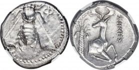 IONIA. Ephesus. Ca. 390-325 BC. AR tetradrachm (23mm, 15.18 gm, 12h). NGC Choice XF 3/5 - 3/5. Ienes, magistrate. Struck ca. 350-340 BC. E-Φ, bee with...
