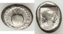 PAMPHYLIA. Side. Ca. 5th century BC. AR stater (18mm, 10.81 gm, 9h). About VF. Ca. 430-400 BC. Pomegranate, beaded border / Head of Athena right, wear...