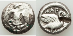 CILICIA. Mallus. Ca. 385-333 BC. AR stater (20mm, 11.64 gm, 7h). Choice VF, test cut. Beardless male, winged, in kneeling/running stance left, holding...