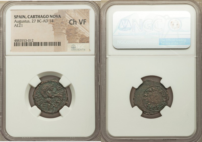 SPAIN. Carthago Nova. Augustus (27 BC-AD 14). AE (21mm). NGC Choice VF. HIBERVS-...