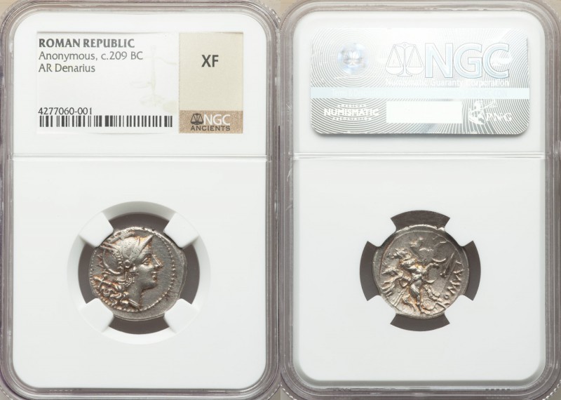 Anonymous. 211-210 BC. AR denarius (19mm, 10h). NGC XF. Spearhead series. South ...